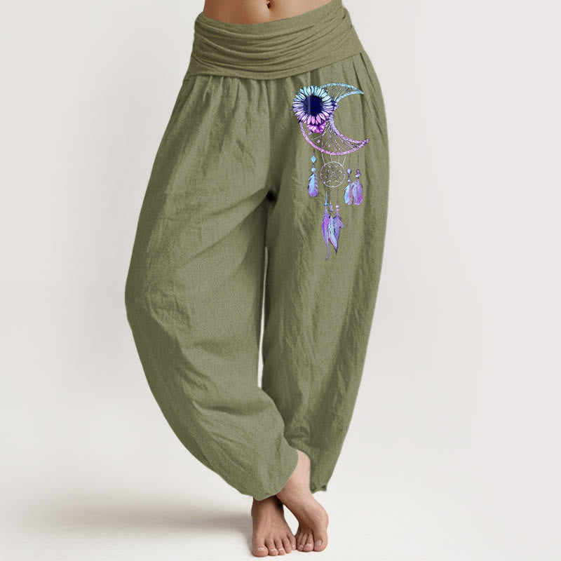 Buddha Stones Eleganckie spodnie haremki damskie z elastycznej talii z czystej bawełny z motywem piór i kwiatu księżyca - Oliwkowy - US16, UK/AU20, EU48 (3XL) - image 14