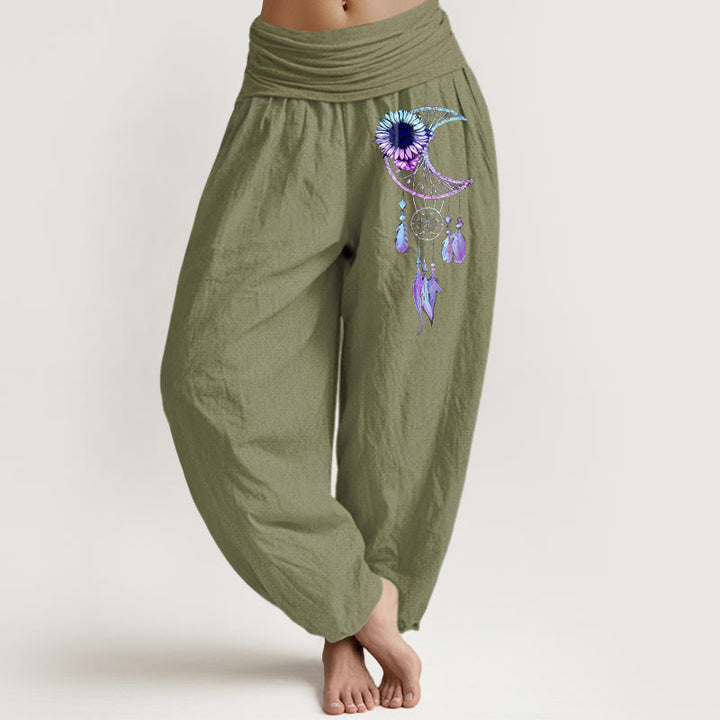 Buddha Stones Eleganckie spodnie haremki damskie z elastycznej talii z czystej bawełny z motywem piór i kwiatu księżyca - Oliwkowy - US16, UK/AU20, EU48 (3XL) - image 14
