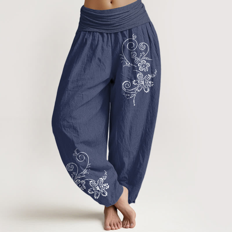 Buddha Stones Spodnie damskie haremowe z elastycznej talii z czystej bawełny w kropki i kwiaty - DarkSlateBlue - US16, UK/AU20, EU48 (3XL) - image 0