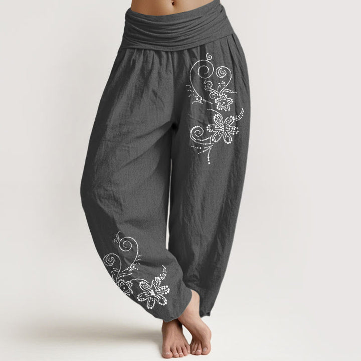 Buddha Stones Spodnie damskie haremowe z elastycznej talii z czystej bawełny w kropki i kwiaty - DimGray - US16, UK/AU20, EU48 (3XL) - image 8