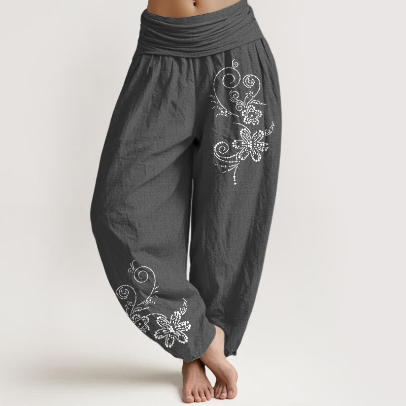 Buddha Stones Spodnie damskie haremowe z elastycznej talii z czystej bawełny w kropki i kwiaty - DimGray - US16, UK/AU20, EU48 (3XL) - image 8