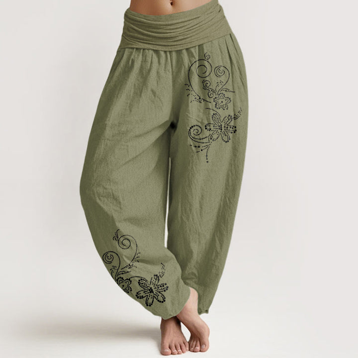 Buddha Stones Spodnie damskie haremowe z elastycznej talii z czystej bawełny w kropki i kwiaty - Oliwkowy - US16, UK/AU20, EU48 (3XL) - image 14
