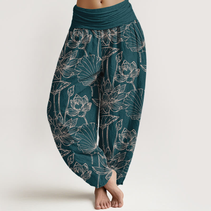 Buddha Stones Eleganckie, wyrafinowane spodnie damskie typu harem z bawełny z motywem liści lotosu i elastyczną talią - Cyraneczka - US16, UK/AU20, EU48 (3XL) - image 0