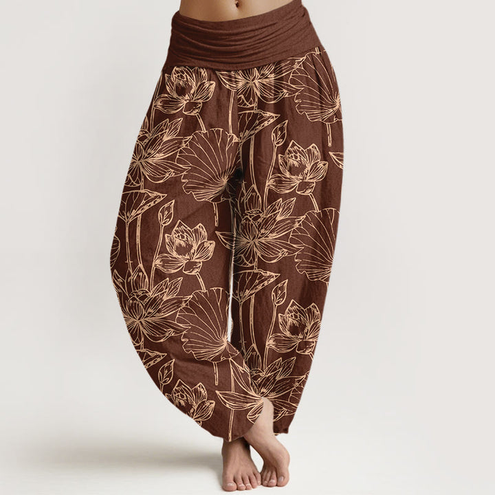Buddha Stones Eleganckie, wyrafinowane spodnie damskie typu harem z bawełny z motywem liści lotosu i elastyczną talią - Brązowy - US16, UK/AU20, EU48 (3XL) - image 5