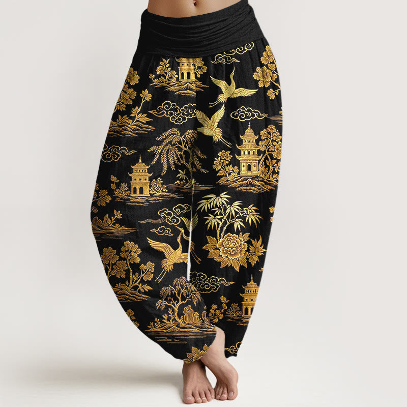 Buddha Stones Bawełniane, piękne, damskie spodnie haremowe z elastyczną talią i wzorem w chmurki i żurawie - Czarny - US16, UK/AU20, EU48 (3XL) - image 0