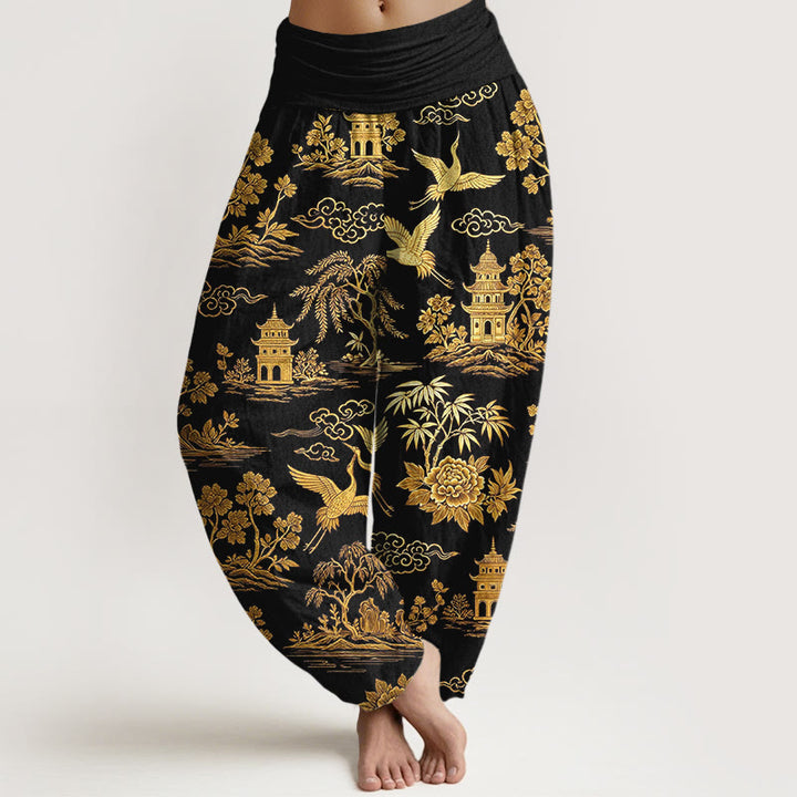 Buddha Stones Bawełniane, piękne, damskie spodnie haremowe z elastyczną talią i wzorem w chmurki i żurawie - Czarny - US16, UK/AU20, EU48 (3XL) - image 0