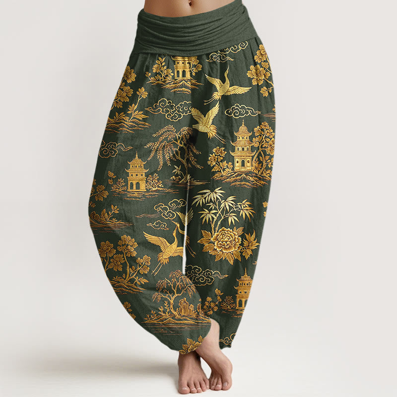 Buddha Stones Bawełniane, piękne, damskie spodnie haremowe z elastyczną talią i wzorem w chmurki i żurawie - DarkOliveGreen - US16, UK/AU20, EU48 (3XL) - image 5