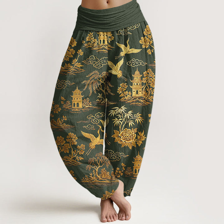 Buddha Stones Bawełniane, piękne, damskie spodnie haremowe z elastyczną talią i wzorem w chmurki i żurawie - DarkOliveGreen - US16, UK/AU20, EU48 (3XL) - image 5