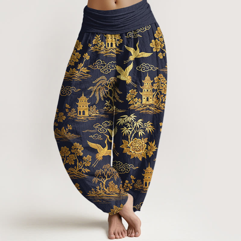 Buddha Stones Bawełniane, piękne, damskie spodnie haremowe z elastyczną talią i wzorem w chmurki i żurawie - MidnightBlue - US16, UK/AU20, EU48 (3XL) - image 8