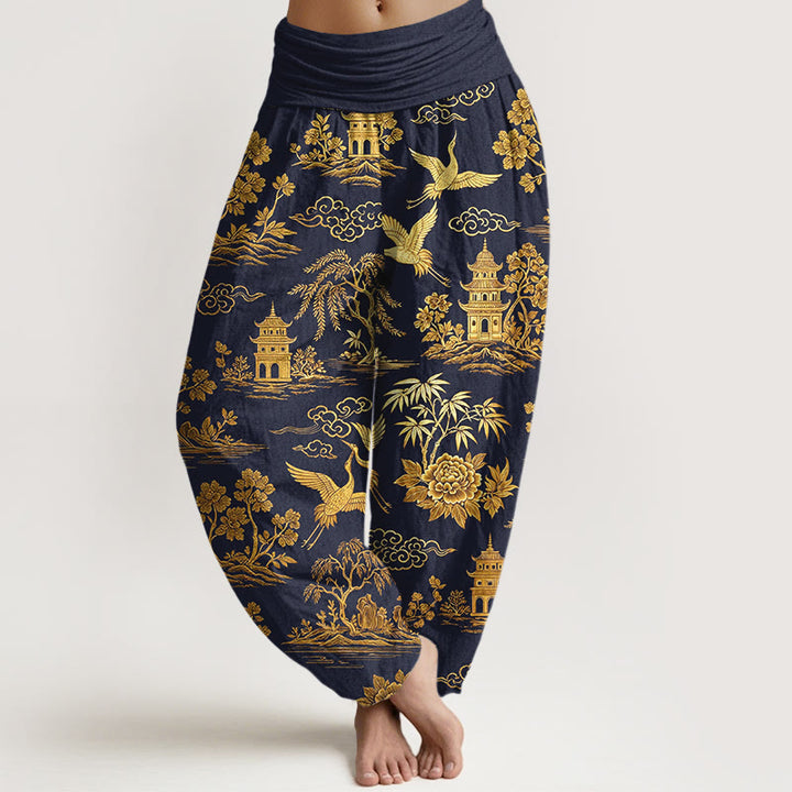 Buddha Stones Bawełniane, piękne, damskie spodnie haremowe z elastyczną talią i wzorem w chmurki i żurawie - MidnightBlue - US16, UK/AU20, EU48 (3XL) - image 8