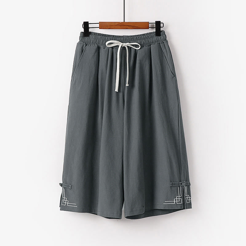 Buddha Stones Spodnie Capri z szerokimi nogawkami, proste, ściągane sznurkiem, męskie, bawełniane, lniane, z kieszeniami - Szary - US/UK/AU54， EU64 (9XL) - image 0