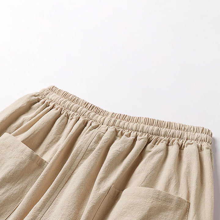 Buddha Stones Spodnie Capri z szerokimi nogawkami, proste, ściągane sznurkiem, męskie, bawełniane, lniane, z kieszeniami - image 6