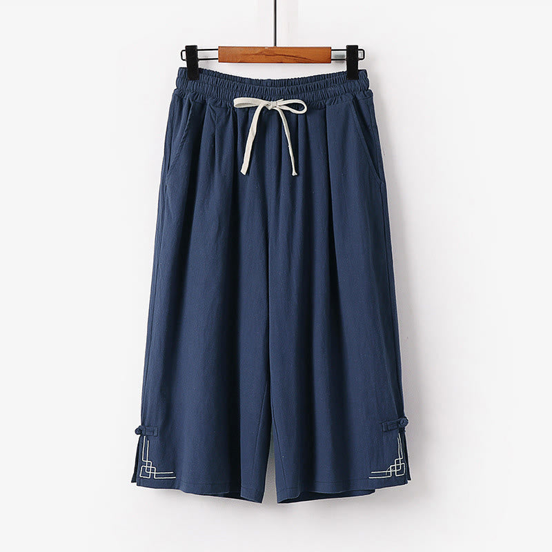 Buddha Stones Spodnie Capri z szerokimi nogawkami, proste, ściągane sznurkiem, męskie, bawełniane, lniane, z kieszeniami - Stalowoniebieski - US/UK/AU54， EU64 (9XL) - image 9