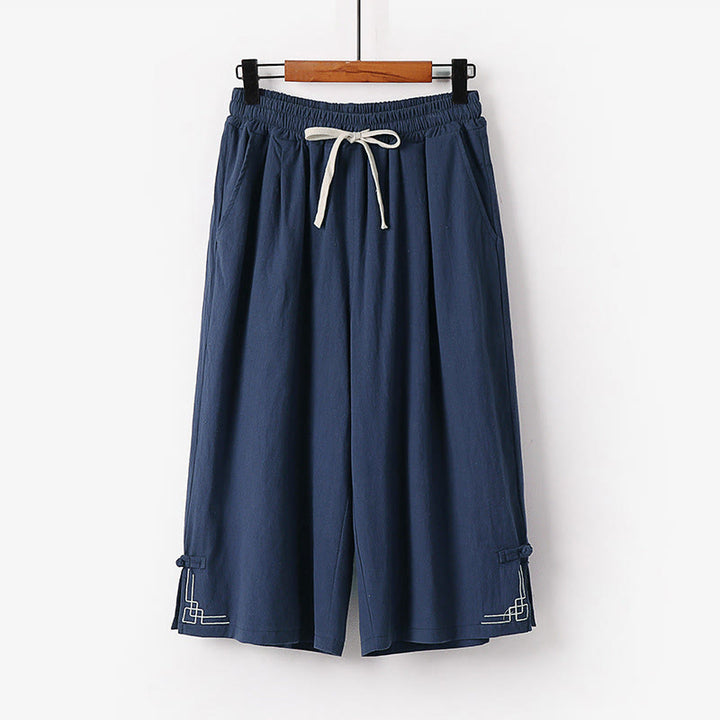 Buddha Stones Spodnie Capri z szerokimi nogawkami, proste, ściągane sznurkiem, męskie, bawełniane, lniane, z kieszeniami - Stalowoniebieski - US/UK/AU54， EU64 (9XL) - image 9