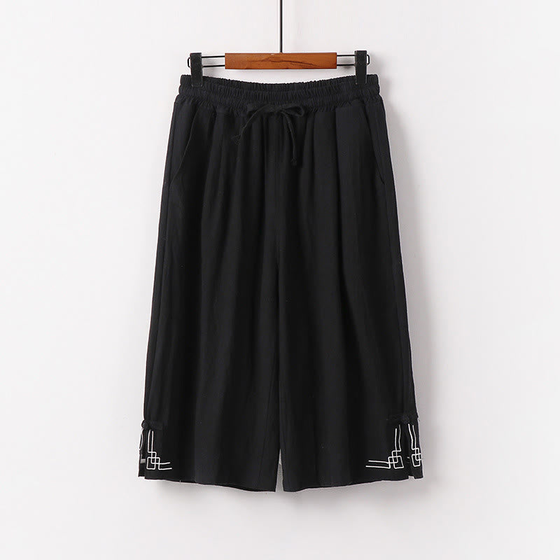 Buddha Stones Spodnie Capri z szerokimi nogawkami, proste, ściągane sznurkiem, męskie, bawełniane, lniane, z kieszeniami - Czarny - US/UK/AU54， EU64 (9XL) - image 1