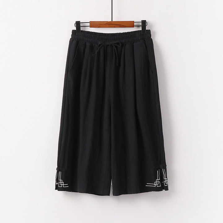 Buddha Stones Spodnie Capri z szerokimi nogawkami, proste, ściągane sznurkiem, męskie, bawełniane, lniane, z kieszeniami - Czarny - US/UK/AU54， EU64 (9XL) - image 1