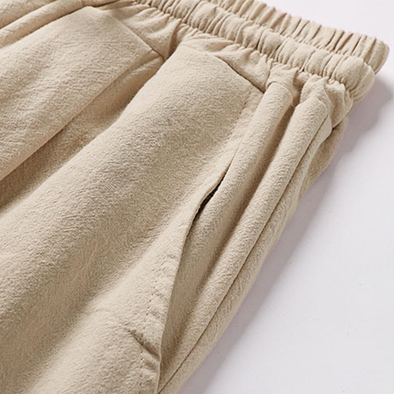 Buddha Stones Spodnie Capri z szerokimi nogawkami, proste, ściągane sznurkiem, męskie, bawełniane, lniane, z kieszeniami - image 5