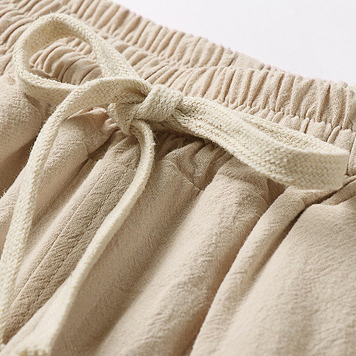 Buddha Stones Spodnie Capri z szerokimi nogawkami, proste, ściągane sznurkiem, męskie, bawełniane, lniane, z kieszeniami - image 4