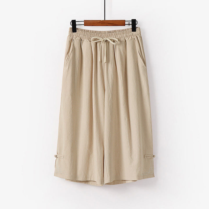 Buddha Stones Spodnie Capri z szerokimi nogawkami, proste, ściągane sznurkiem, męskie, bawełniane, lniane, z kieszeniami - Beżowy - US/UK/AU54， EU64 (9XL) - image 2