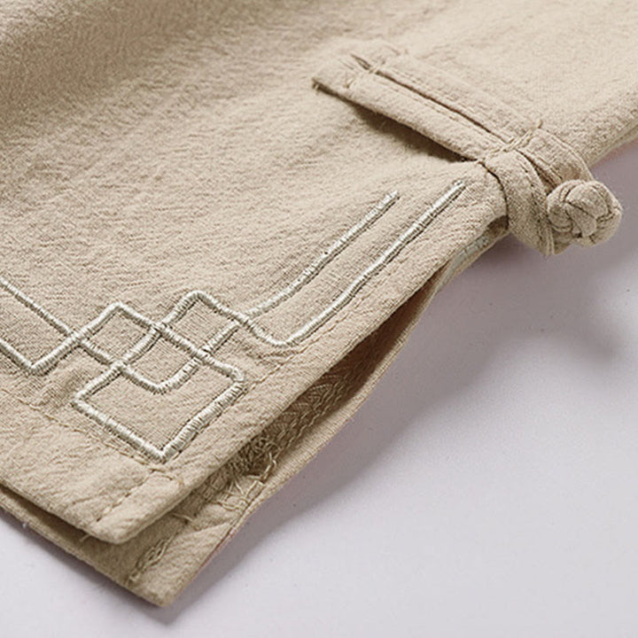 Buddha Stones Spodnie Capri z szerokimi nogawkami, proste, ściągane sznurkiem, męskie, bawełniane, lniane, z kieszeniami - image 8