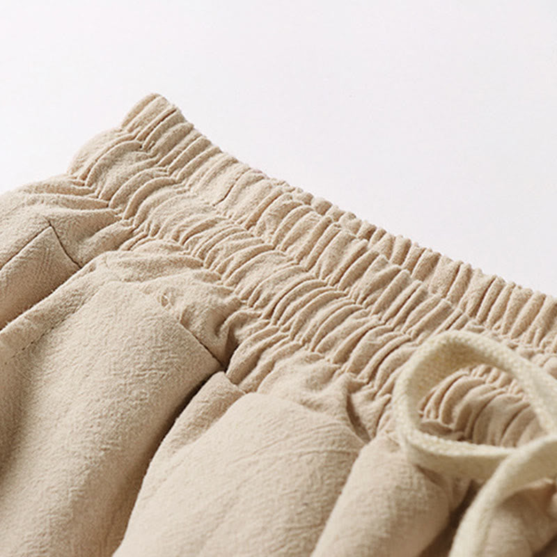 Buddha Stones Spodnie Capri z szerokimi nogawkami, proste, ściągane sznurkiem, męskie, bawełniane, lniane, z kieszeniami - image 3