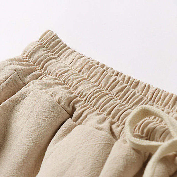 Buddha Stones Spodnie Capri z szerokimi nogawkami, proste, ściągane sznurkiem, męskie, bawełniane, lniane, z kieszeniami - image 3