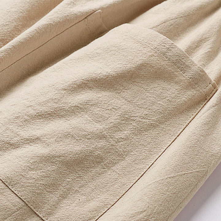 Buddha Stones Spodnie Capri z szerokimi nogawkami, proste, ściągane sznurkiem, męskie, bawełniane, lniane, z kieszeniami - image 7