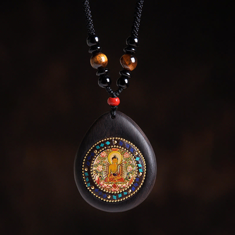 Buddha Stones Chiński naszyjnik z wisiorkami z motywem Buddy z hebanu, drewna tygrysiego i czarnego onyksu - Koza/Małpa-Tathagata - image 12
