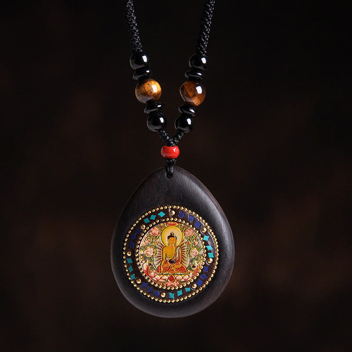 Buddha Stones Chiński naszyjnik z wisiorkami z motywem Buddy z hebanu, drewna tygrysiego i czarnego onyksu - Koza/Małpa-Tathagata - image 12