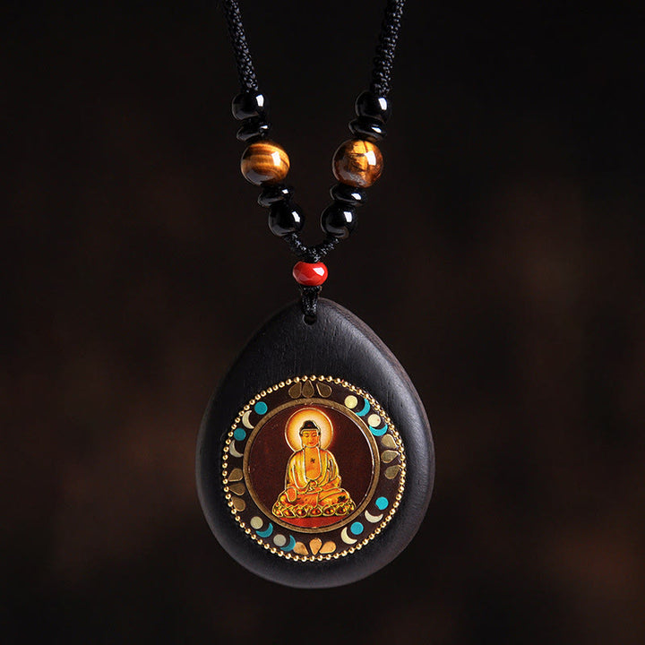 Buddha Stones Chiński naszyjnik z wisiorkami z motywem Buddy z hebanu, drewna tygrysiego i czarnego onyksu - Pies/Świnia-Amitabha Budda - image 16