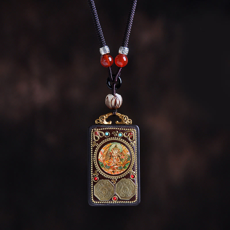 Buddha Stones Naszyjnik z wisiorkiem Thangka Yin Yang z miedzianymi monetami i hebanowym drewnem Zakiram Balance - Drewno hebanowe Mandziuśri Bodhisattwa - image 4