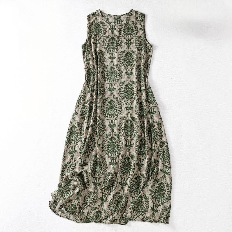 Sukienka midi z okrągłym dekoltem i kieszeniami, z nadrukiem Buddha Stones Commute Summer, w prostym stylu - Ciemnozielony - US14, UK/AU18, EU46 (2XL) - image 1