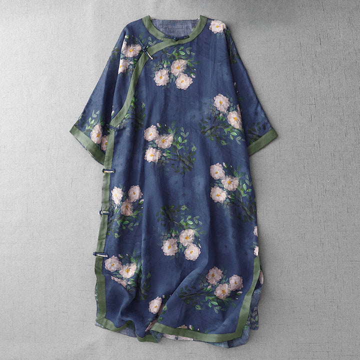 Sukienka midi z rozcięciem z boku, półrękawem, guzikami z Buddha Stones i orchideą w kwiaty granatu - Ciemnoniebieski - US12, UK/AU16, EU44 (2XL) - image 12