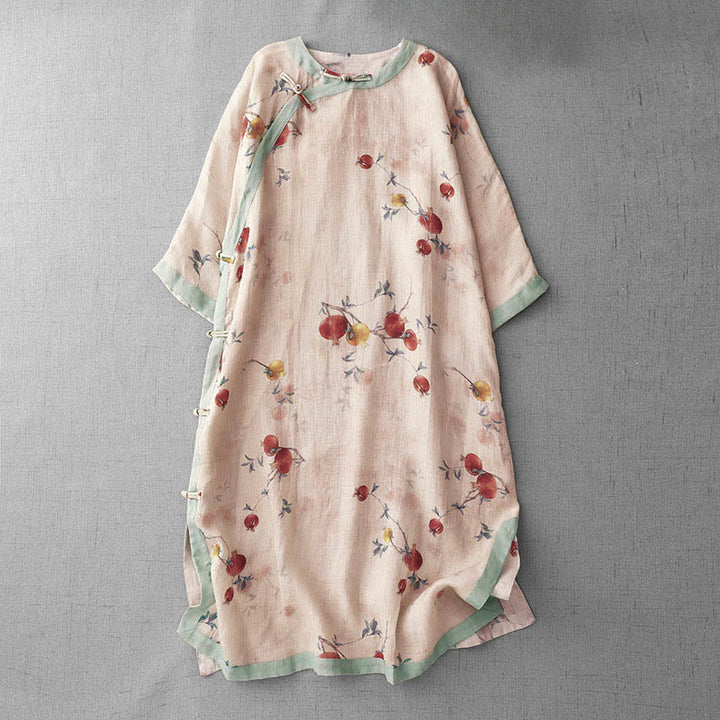 Sukienka midi z rozcięciem z boku, półrękawem, guzikami z Buddha Stones i orchideą w kwiaty granatu - PeachPuff - US12, UK/AU16, EU44 (2XL) - image 1