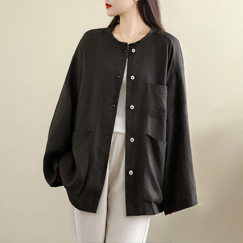 Buddha Stones Koszula damska bawełniana z okrągłym dekoltem, długimi rękawami i kieszeniami, wiosenna, prosta, zapinana na guziki - Czarny - US8-10，UK/AU12-14，EU40-42 (2XL) - image 0