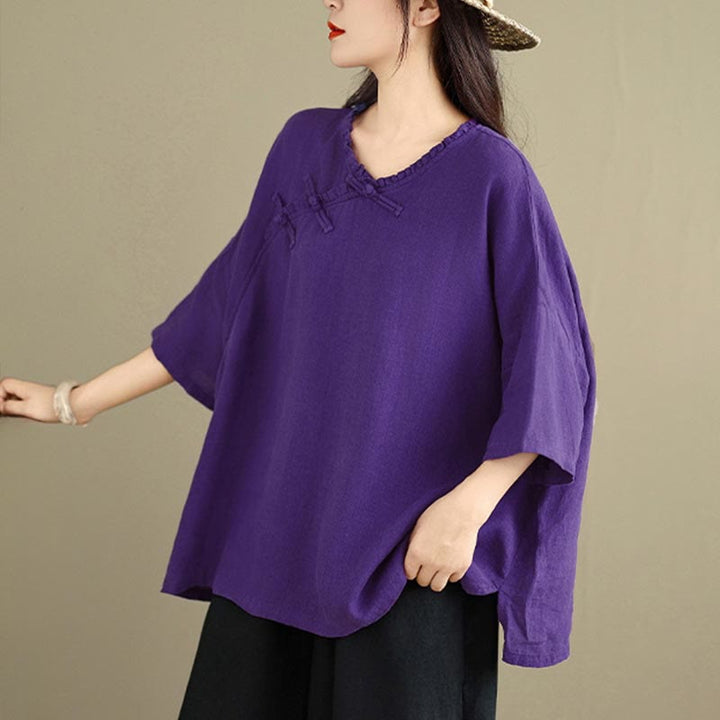 Buddha Stones Koszula damska bawełniana na wiosnę z długim rękawem i dekoltem w serek, zapinana na guziki typu żaba - image 15