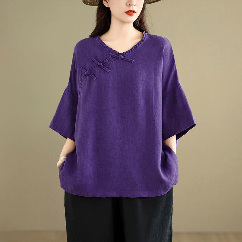 Buddha Stones Koszula damska bawełniana na wiosnę z długim rękawem i dekoltem w serek, zapinana na guziki typu żaba - image 13