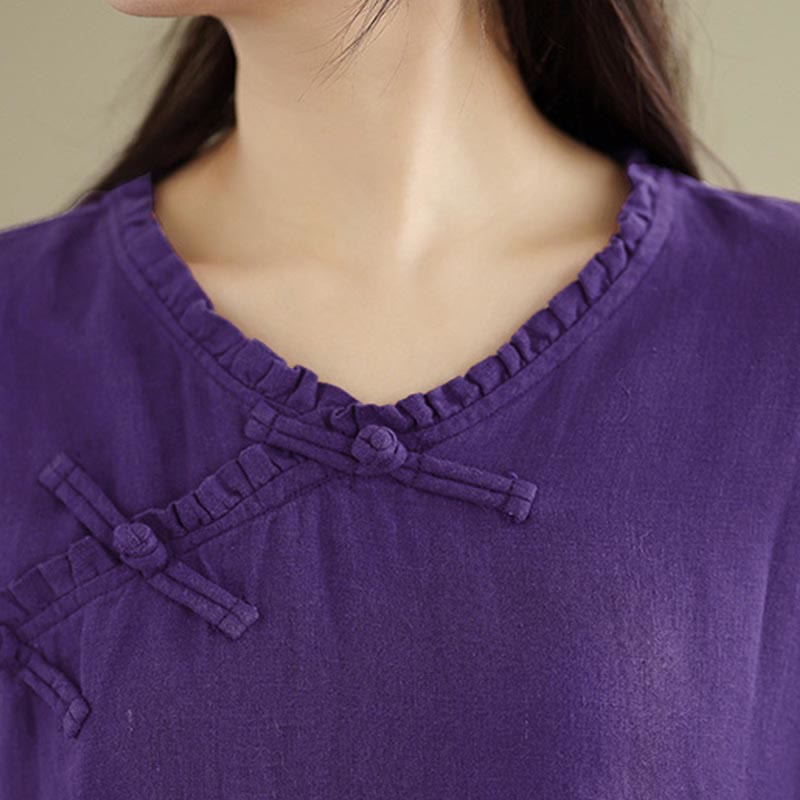 Buddha Stones Koszula damska bawełniana na wiosnę z długim rękawem i dekoltem w serek, zapinana na guziki typu żaba - image 18