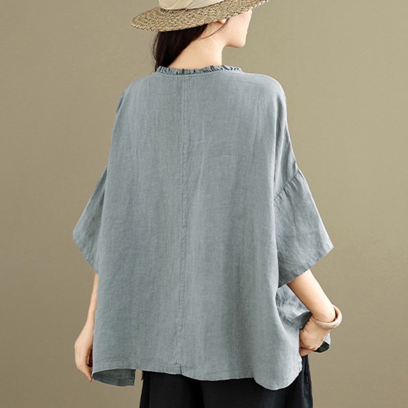 Buddha Stones Koszula damska bawełniana na wiosnę z długim rękawem i dekoltem w serek, zapinana na guziki typu żaba - image 5