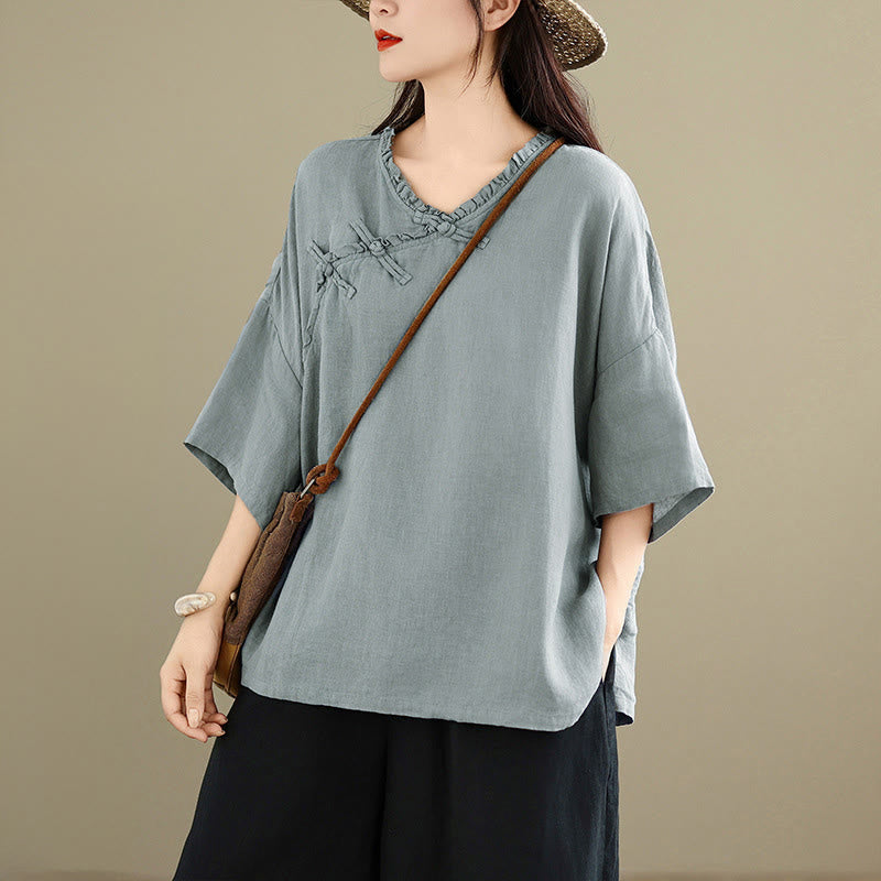 Buddha Stones Koszula damska bawełniana na wiosnę z długim rękawem i dekoltem w serek, zapinana na guziki typu żaba - Jasnoniebieski - US8-10，UK/AU12-14，EU40-42 (2XL) - image 0