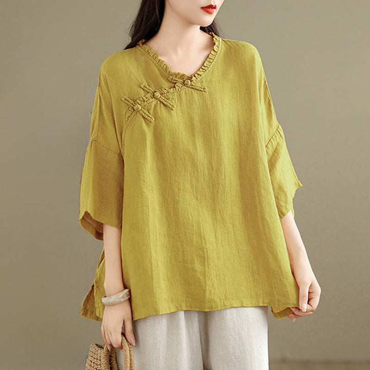 Buddha Stones Koszula damska bawełniana na wiosnę z długim rękawem i dekoltem w serek, zapinana na guziki typu żaba - image 8