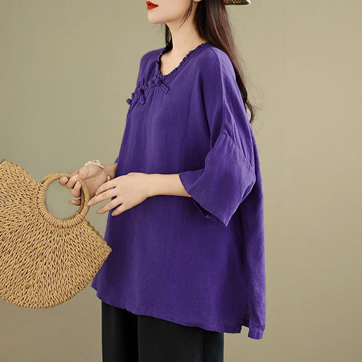 Buddha Stones Koszula damska bawełniana na wiosnę z długim rękawem i dekoltem w serek, zapinana na guziki typu żaba - image 16