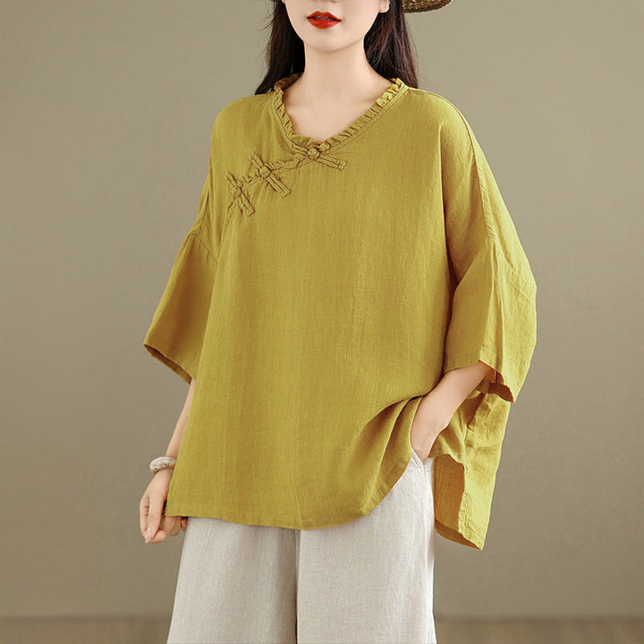 Buddha Stones Koszula damska bawełniana na wiosnę z długim rękawem i dekoltem w serek, zapinana na guziki typu żaba - image 10