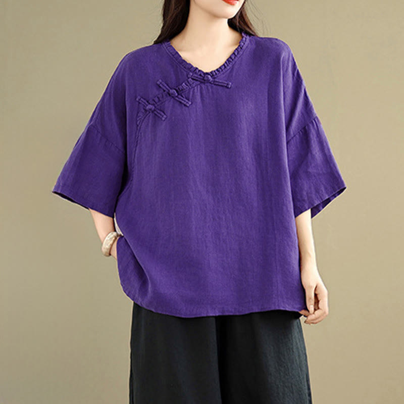 Buddha Stones Koszula damska bawełniana na wiosnę z długim rękawem i dekoltem w serek, zapinana na guziki typu żaba - Indygo - US8-10，UK/AU12-14，EU40-42 (2XL) - image 12