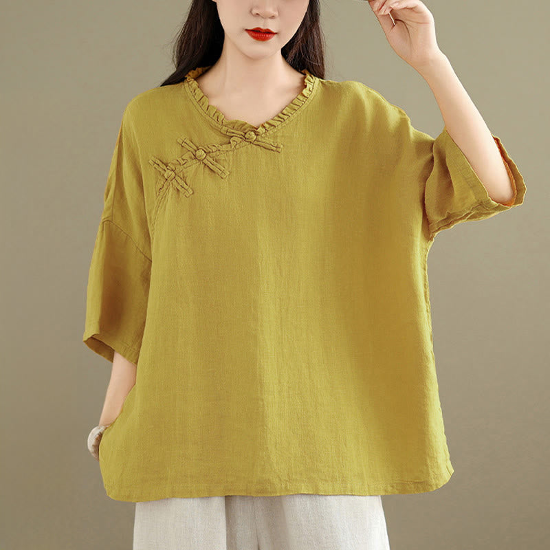 Buddha Stones Koszula damska bawełniana na wiosnę z długim rękawem i dekoltem w serek, zapinana na guziki typu żaba - image 7