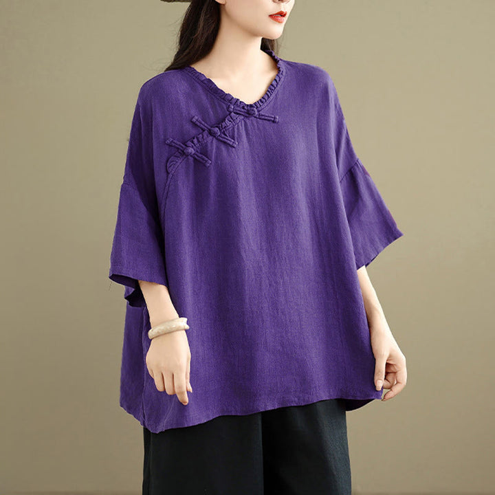 Buddha Stones Koszula damska bawełniana na wiosnę z długim rękawem i dekoltem w serek, zapinana na guziki typu żaba - image 14