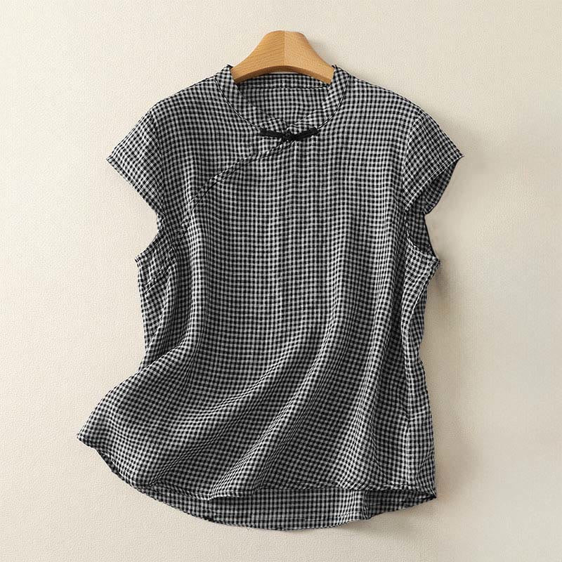 Buddha Stones Letnia koszula damska w kratę z okrągłym dekoltem i krótkim rękawem, zapinana na guziki żabki - Czarny - US8-10，UK/AU12-14，EU40-42 (2XL) - image 0