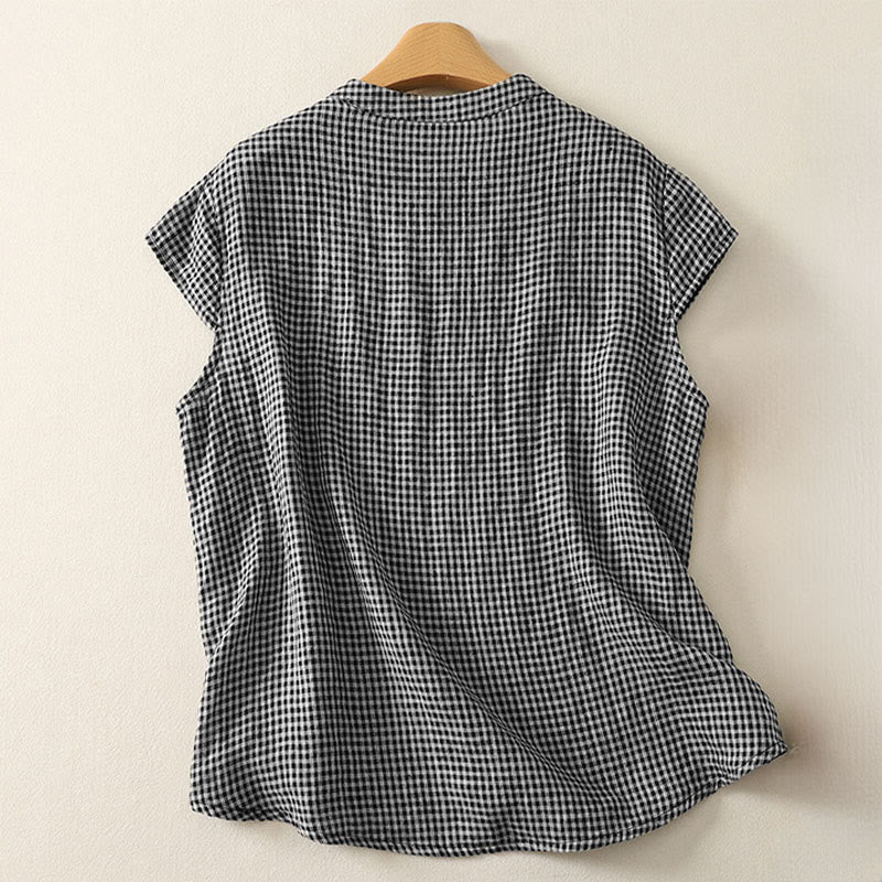 Buddha Stones Letnia koszula damska w kratę z okrągłym dekoltem i krótkim rękawem, zapinana na guziki żabki - image 1
