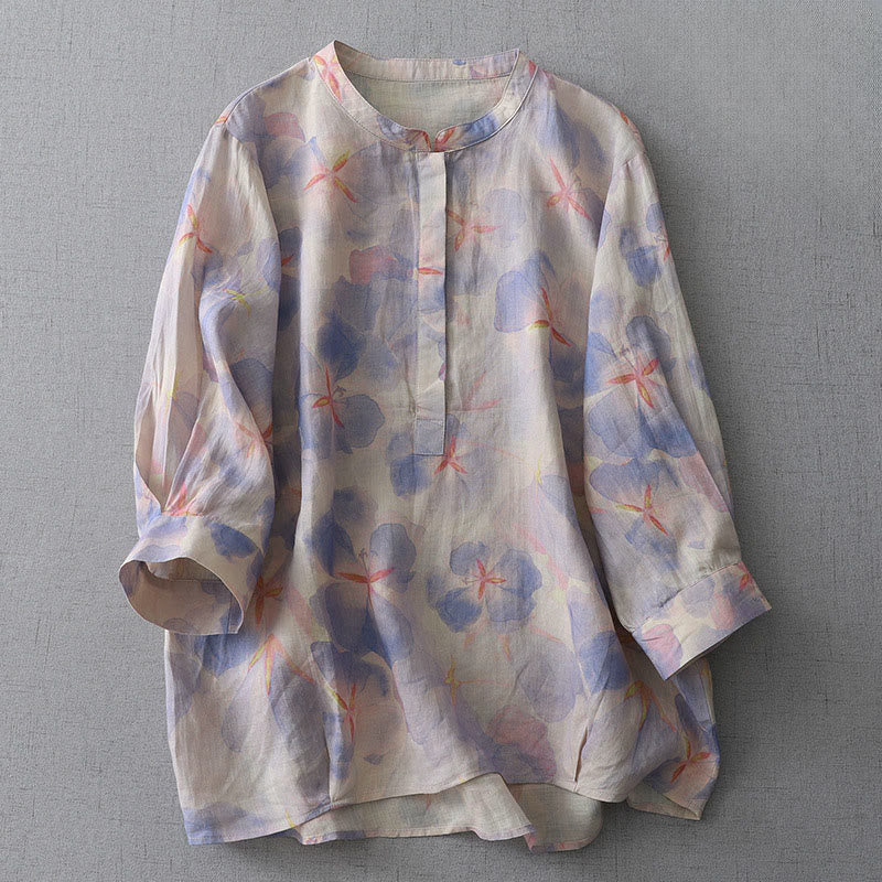 Buddha Stones Koszula damska z poliestru z długim rękawem i okrągłym dekoltem w kwiaty w wiosennym stylu - MediumSlateBlue - US8-10，UK/AU12-14，EU40-42 (2XL) - image 1