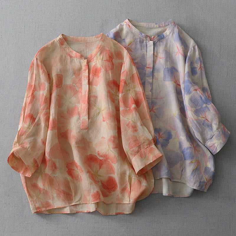 Buddha Stones Koszula damska z poliestru z długim rękawem i okrągłym dekoltem w kwiaty w wiosennym stylu - image 0